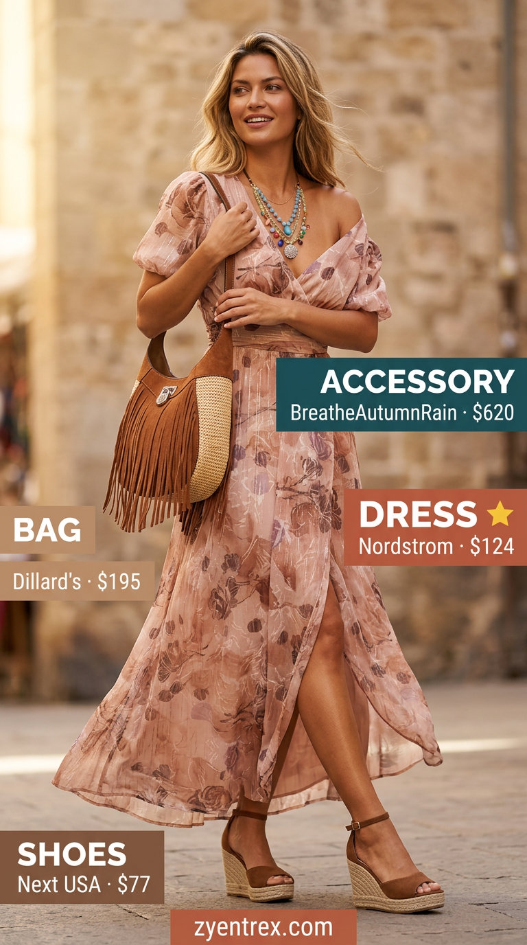 Boho Linen Wrap Dress Outfits 2026 Boho linen summer wrap dress outfits 2026 in muted floral print with brown suede bag and espadrilles.