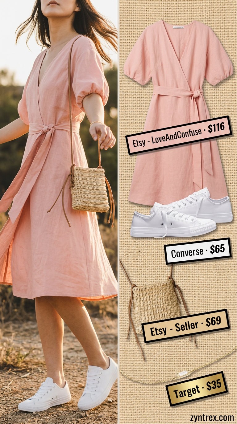 Casual Linen Wrap Outfits 2026 Blush pink linen short wrap dress with sneakers, crossbody bag & gold bracelet for casual wear.