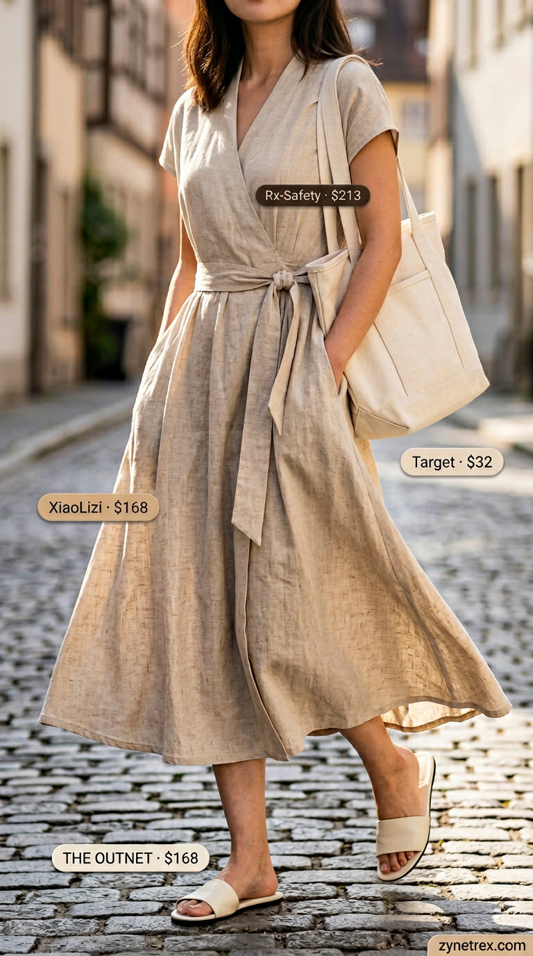 Linen Summer Wrap Dress Outfits 2026: Casual Day Light beige linen summer wrap dress outfits 2026 for casual errands with leather slides and tote bag.