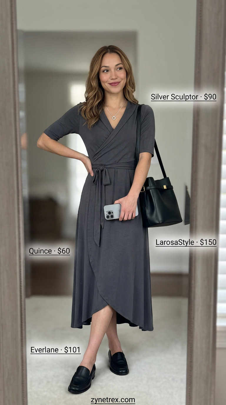 City Chic Linen Wrap Dress Outfits 2026 Charcoal grey linen summer wrap dress outfits 2026, city chic with leather loafers and tote bag.