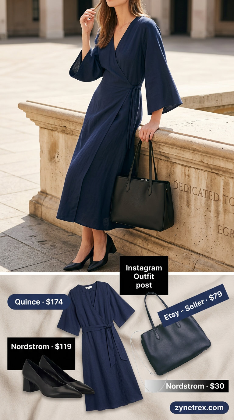 Linen Summer Wrap Dress Outfits 2026: City Professional Navy blue linen summer wrap dress outfits 2026 for office casual with black pumps and tote.