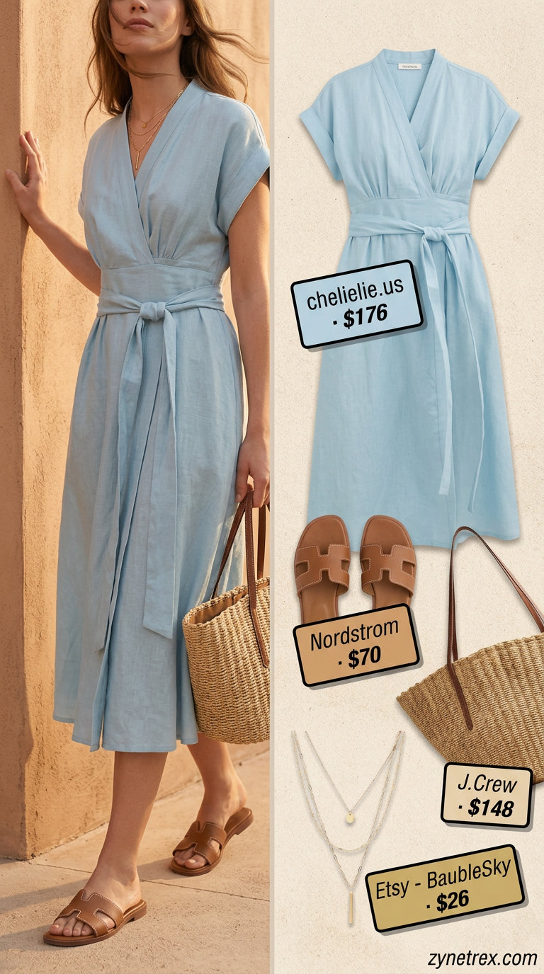 Light blue linen summer wrap dress outfits 2026 for beach days with straw tote and layered necklace.