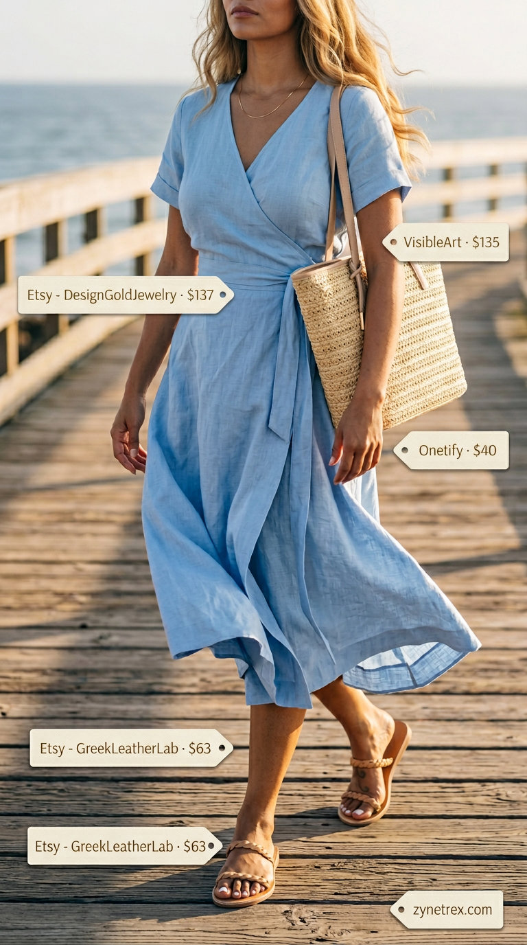 Coastal Linen Wrap Outfits 2026 Sky blue linen midi wrap dress with flutter sleeves, straw tote, braided sandals & gold necklaces.