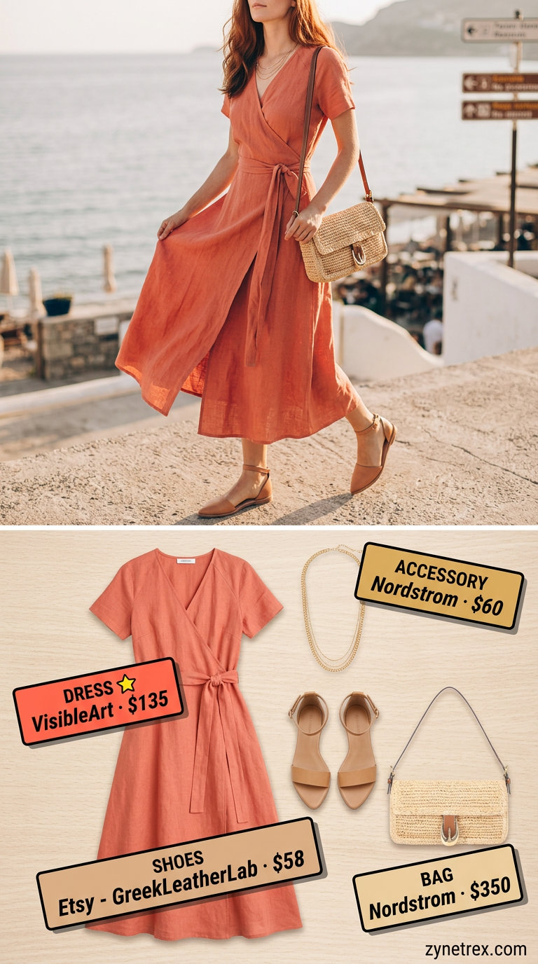 Seaside Linen Wrap Outfits 2026 Light blue linen midi wrap dress with strappy sandals, straw crossbody bag & layered gold necklaces.