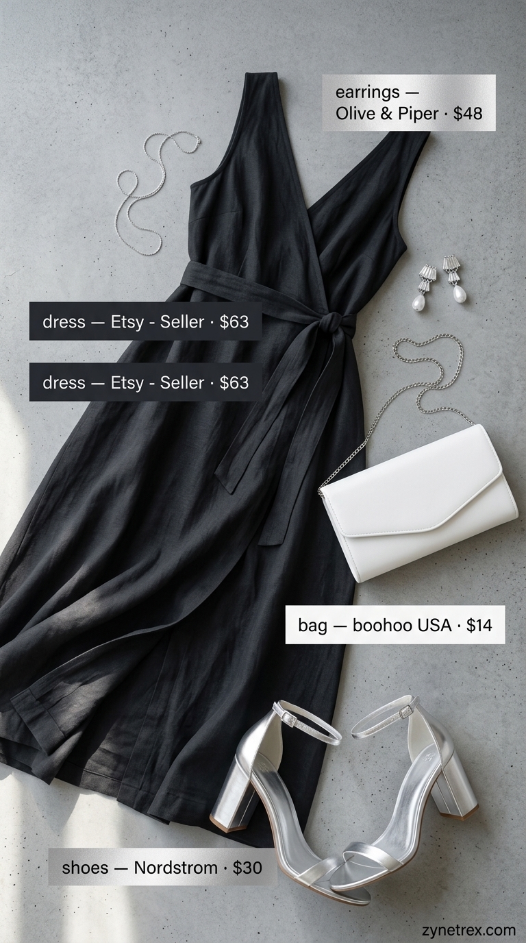 Elegant Linen Wrap Dress Outfits 2026 Black linen summer wrap dress outfits 2026, elegant for evening with silver sandals and clutch.