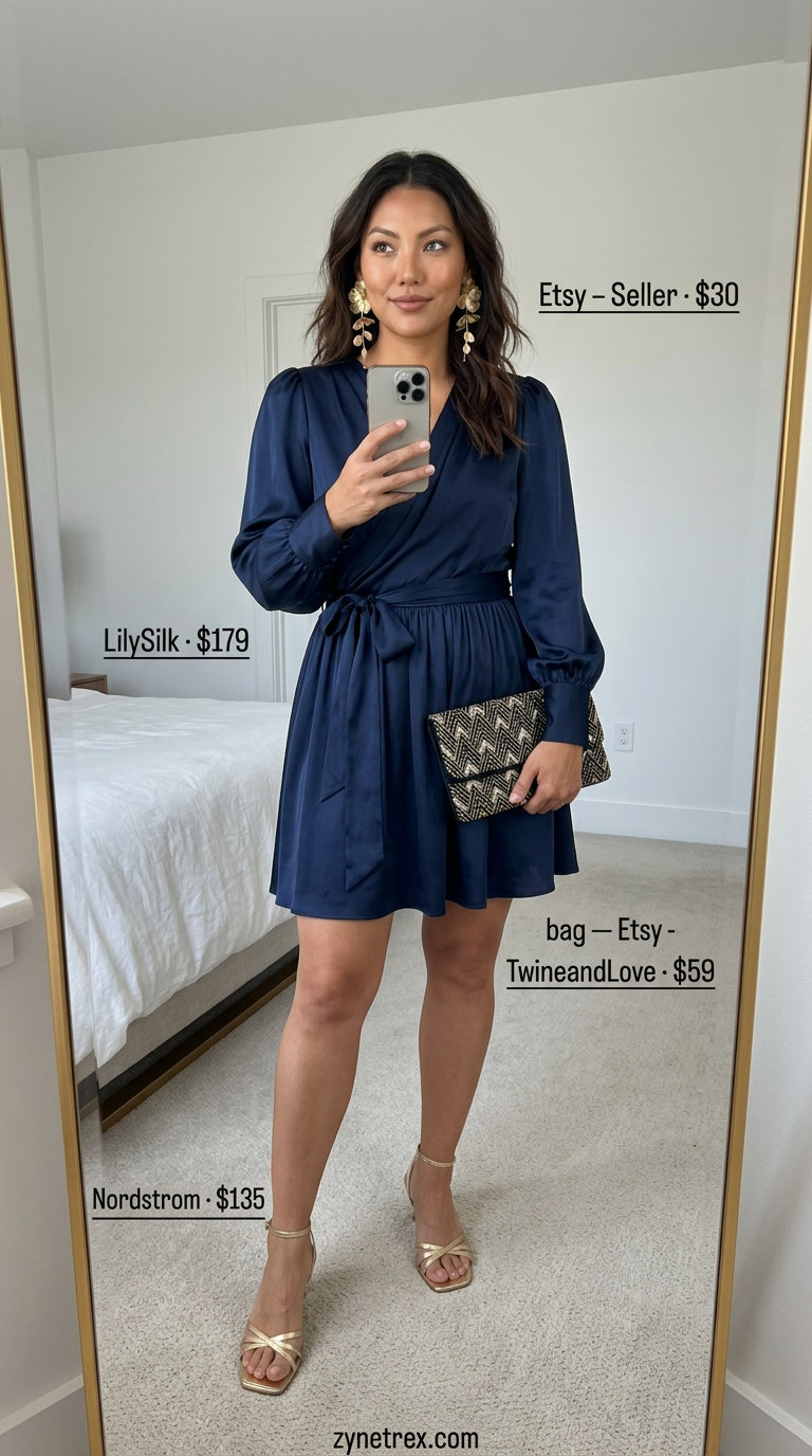 Linen Summer Wrap Dress Outfits 2026: Evening Elegance Navy linen summer wrap dress outfits 2026 for evening events with gold sandals and embellished clutch.