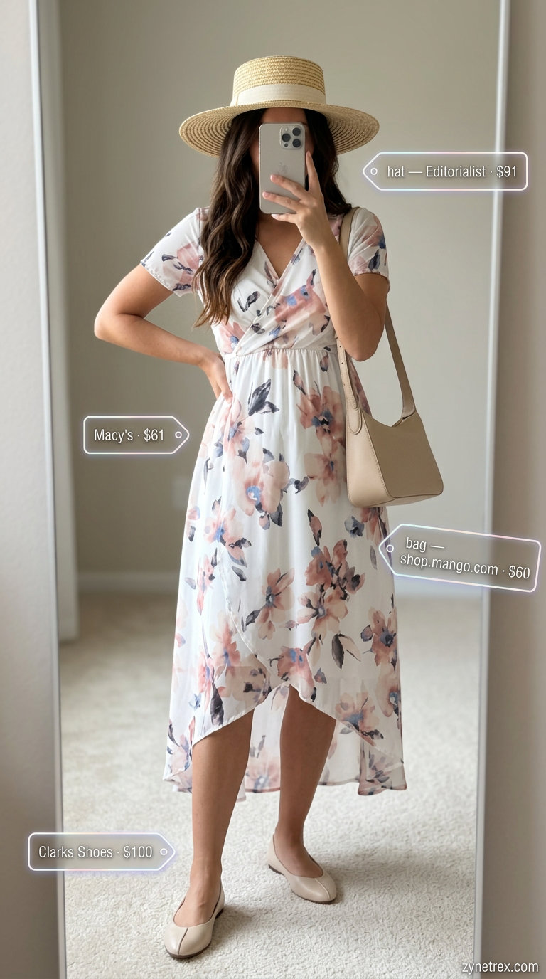 Garden Party Linen Wrap Outfits 2026 Floral print linen midi wrap dress with ballet flats, straw boater hat & structured top-handle bag.