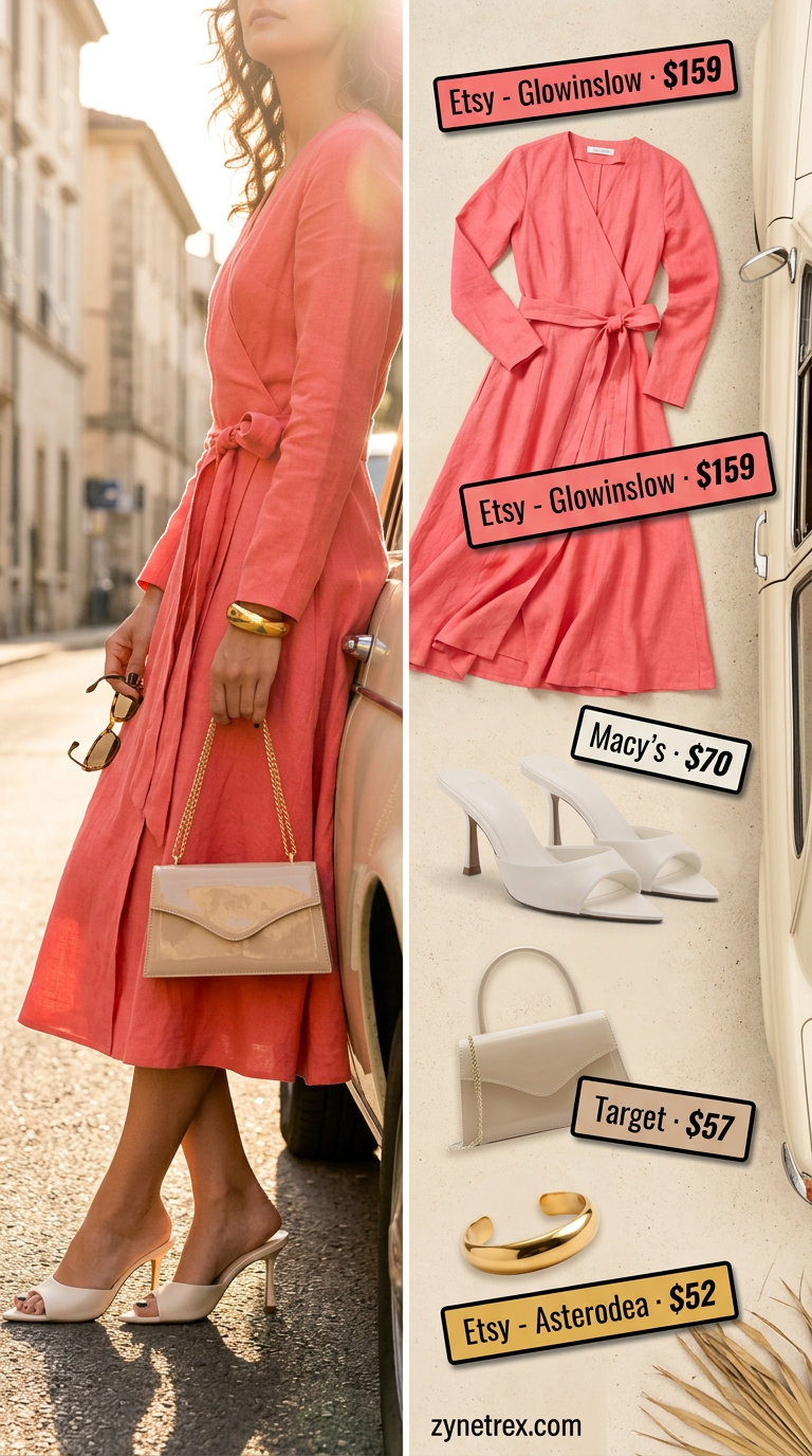 Linen Summer Wrap Dress Outfits 2026: Golden Hour Coral linen summer wrap dress outfits 2026 for dinner dates with gold cuff and heeled mules.