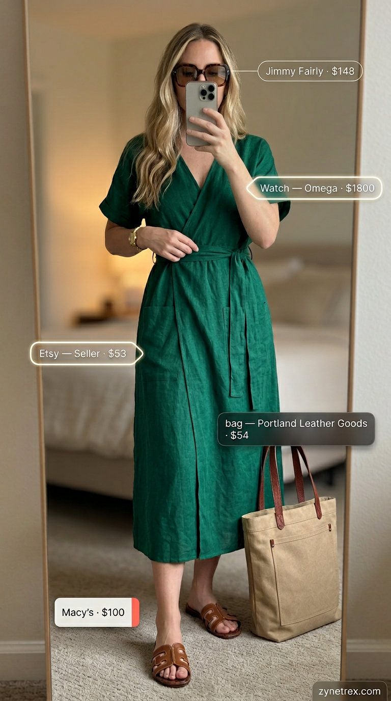 Linen Summer Wrap Dress Outfits 2026: Vacation Chic Olive green linen summer wrap dress outfits 2026 for vacation sightseeing with tan leather slides and canvas tote.