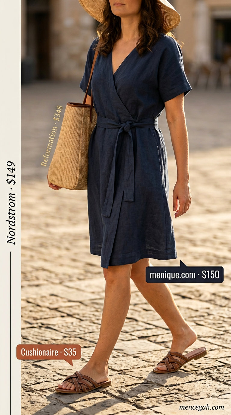 Vacation Linen Wrap Outfits 2026 Navy blue linen knee-length wrap dress with slide sandals, raffia tote & wide brim straw hat.