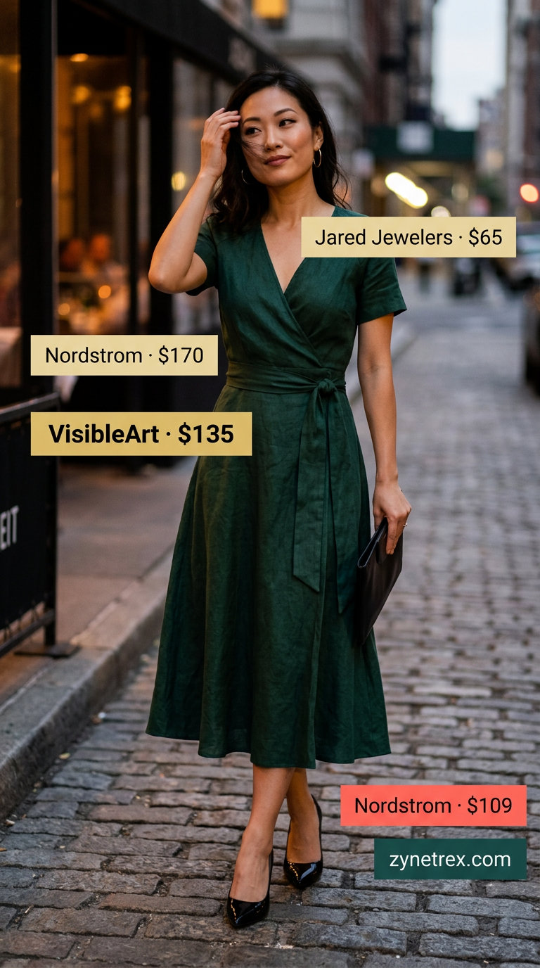 Chic Linen Wrap Dress Outfits 2026 Emerald green linen summer wrap dress outfits 2026, chic for evening with black heels and gold accessories.