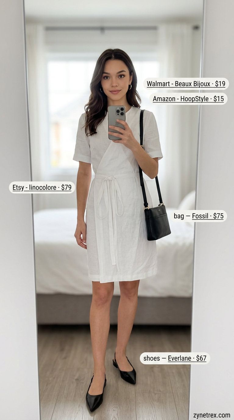 Minimalist Linen Wrap Dress Outfits 2026 Crisp white linen summer wrap dress outfits 2026, minimalist style with black bag, silver hoops, and black flats.