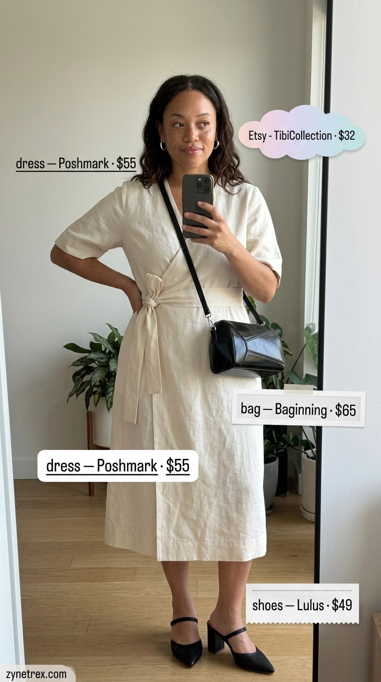 Modern Linen Wrap Outfits 2026 Cream linen midi wrap dress with mules, geometric crossbody bag & silver hoop earrings.