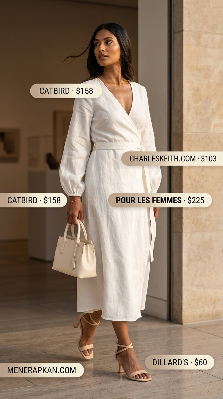 Linen Summer Wrap Dress Outfits 2026: Monochrome Chic Cream linen summer wrap dress outfits 2026 for gallery openings with suede sandals and top-handle bag.