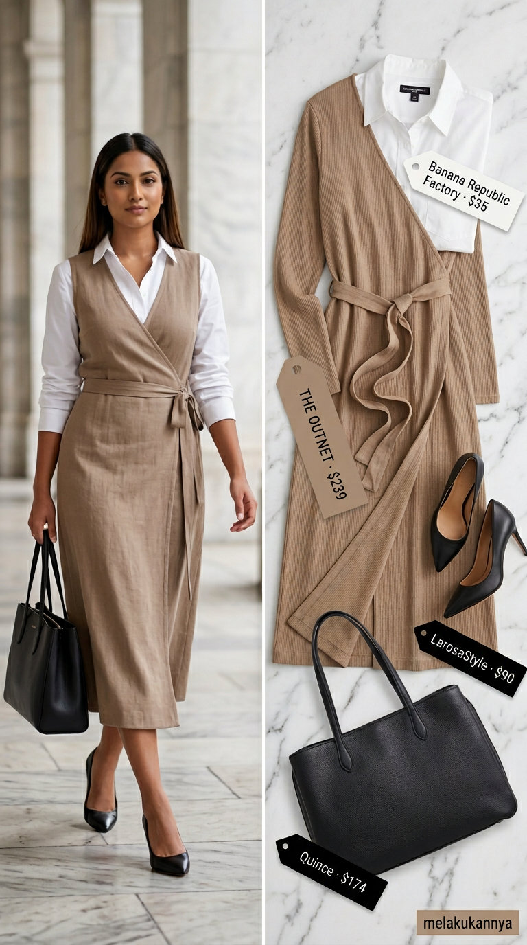 Office Linen Wrap Outfits 2026 Stone grey linen wrap dress outfit with white shirt, black pumps & tote for business casual office.