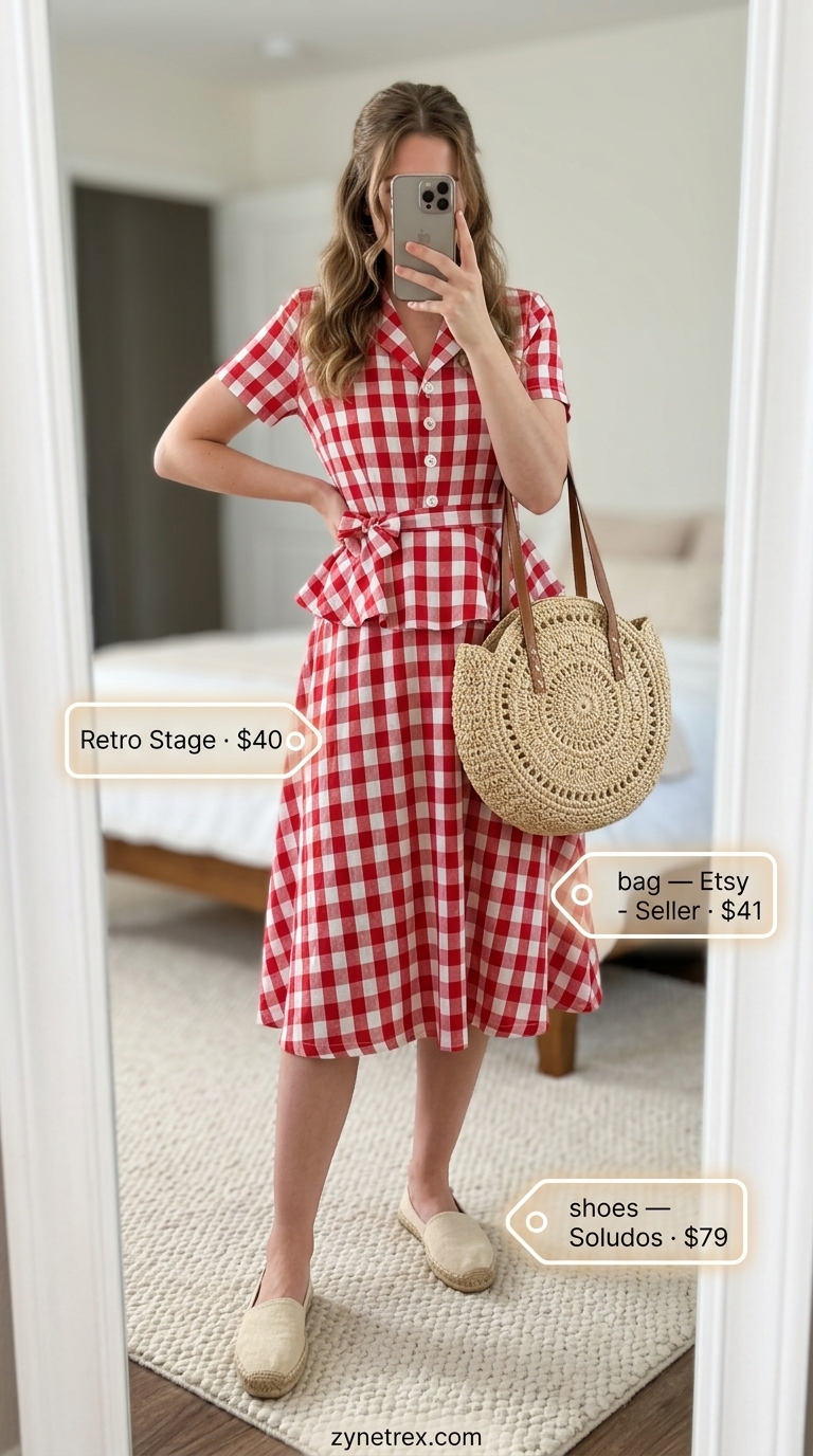 Picnic Perfect Linen Wrap Dress Outfits 2026 Red gingham linen summer wrap dress outfits 2026 for picnics with canvas espadrilles and straw basket bag.