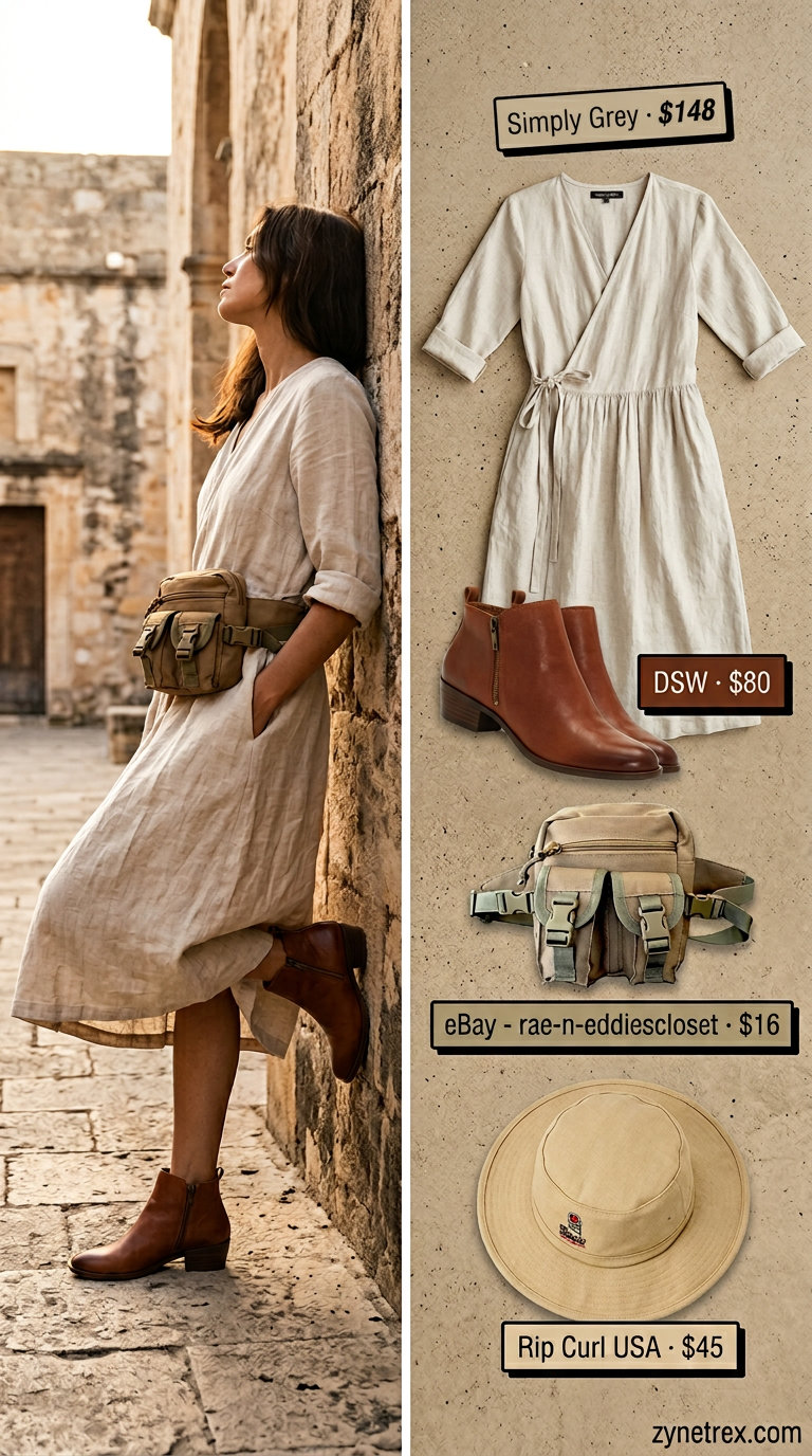Safari Linen Wrap Dress Outfits 2026 Khaki linen summer wrap dress outfits 2026, safari style with utility belt bag and ankle boots.