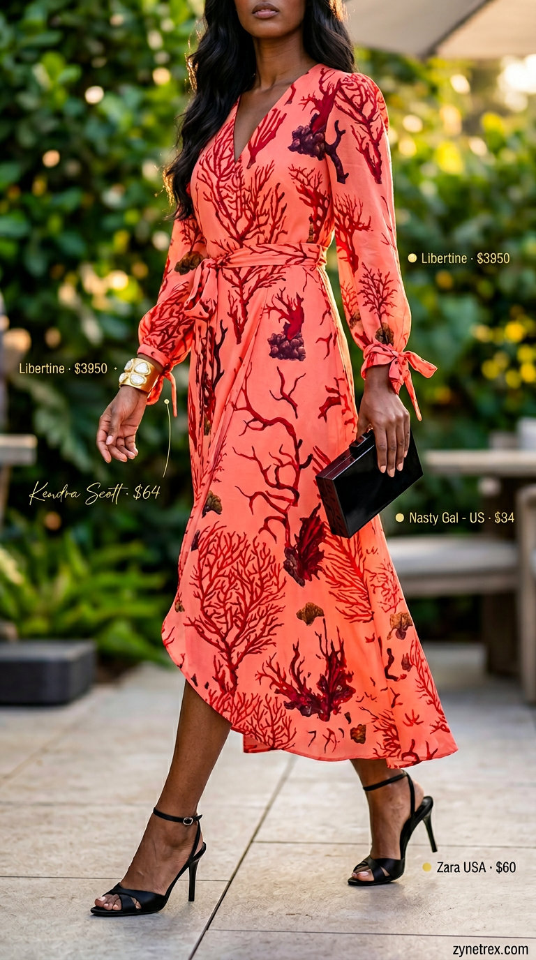 Linen Summer Wrap Dress Outfits 2026: Sunset Serenade Coral linen-satin summer wrap dress outfits 2026 for date night with black sandals and gold bracelet.