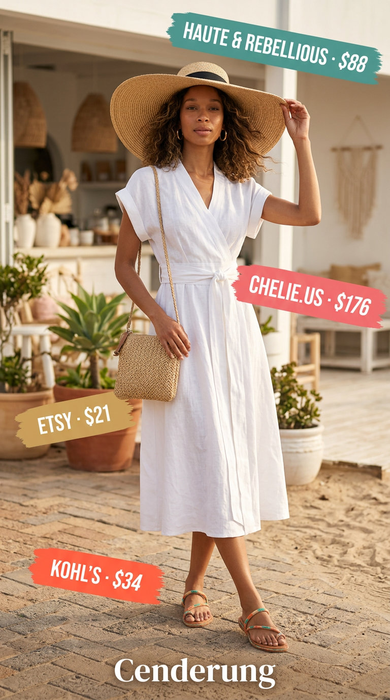 Linen Summer Wrap Dress Outfits 2026: Vacation Ready White linen summer wrap dress outfits 2026 for resort wear with colorful slides and straw hat.