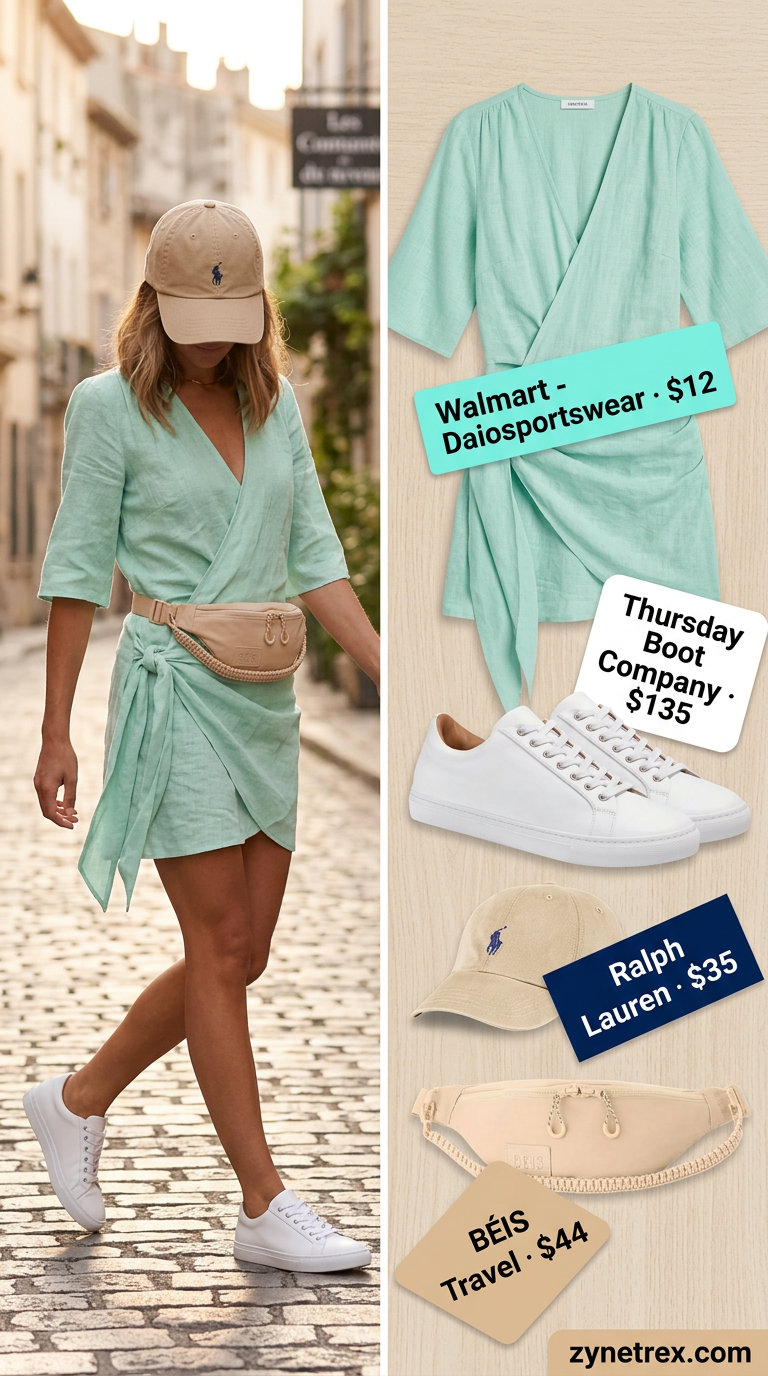 Weekend Linen Wrap Dress Outfits 2026 Olive green linen summer wrap dress outfits 2026 for weekends with white sneakers and belt bag.