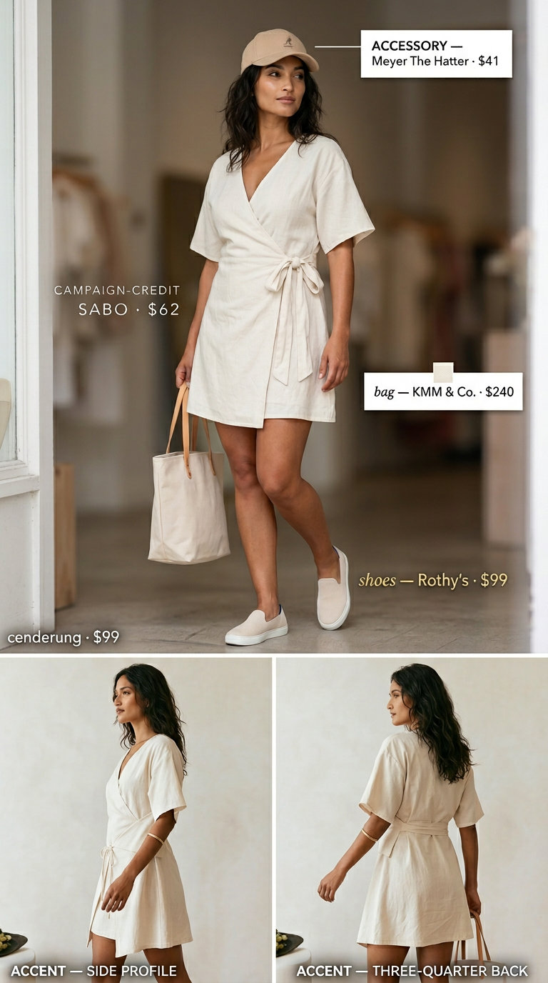 Linen Summer Wrap Dress Outfits 2026: Weekend Casual Soft beige linen summer wrap dress outfits 2026 for weekend errands with canvas sneakers and cap.