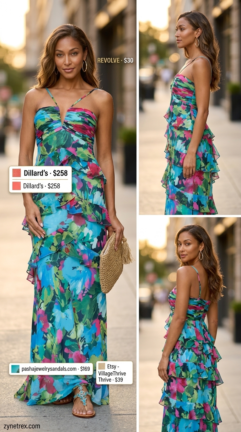 Miami night out summer outfits 2026: Bohemian coral maxi dress with gold earrings and straw clutch.