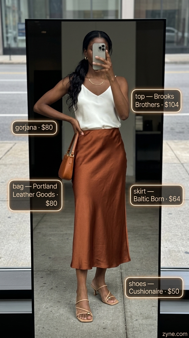 Miami night out summer outfits 2026: Bronze satin skirt, ivory cami, tan sandals & gold necklace.