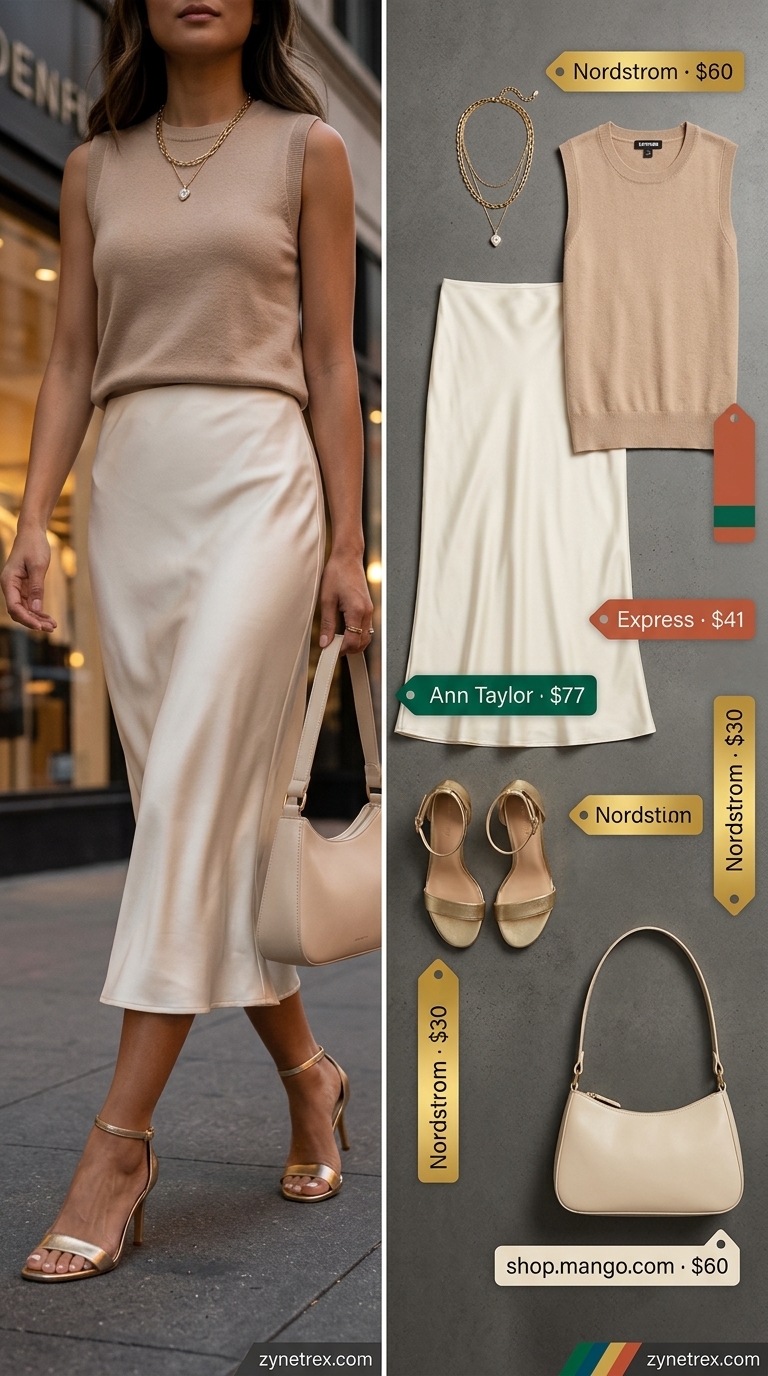 Miami night out summer outfits 2026: Cream satin skirt and knit top for an upscale lounge.