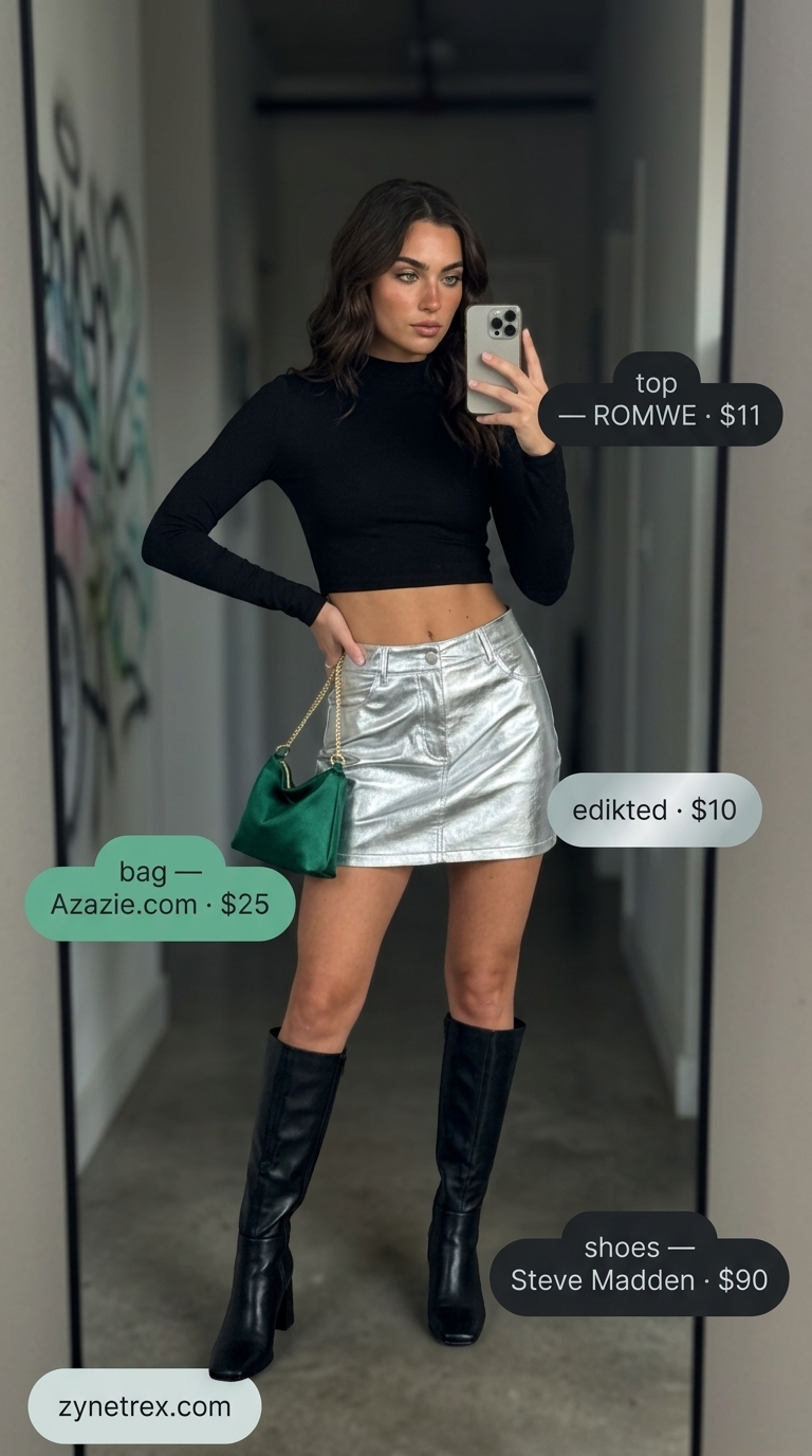 Miami night out summer outfits 2026: Silver sequin skirt and black top for a dance party.