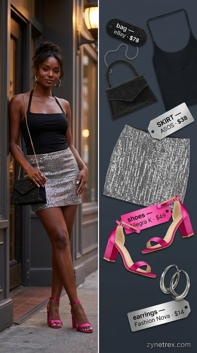 Miami night out summer outfits 2026: Silver sequin skirt and hot pink sandals for a dance club.