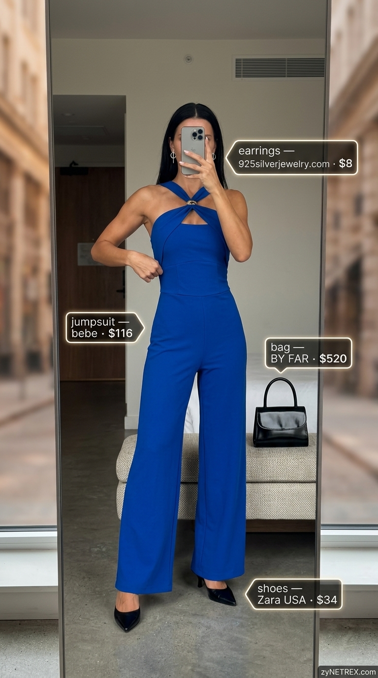 Miami night out summer outfits 2026: Striking electric blue wide-leg jumpsuit with black mules.