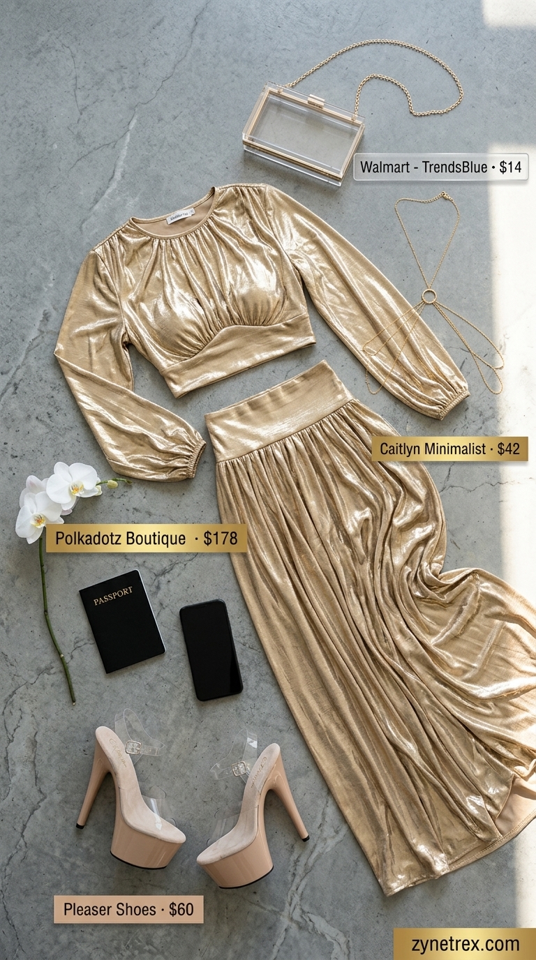 Miami night out summer outfits 2026: Luxurious gold metallic matching set with clear heels and body chain.