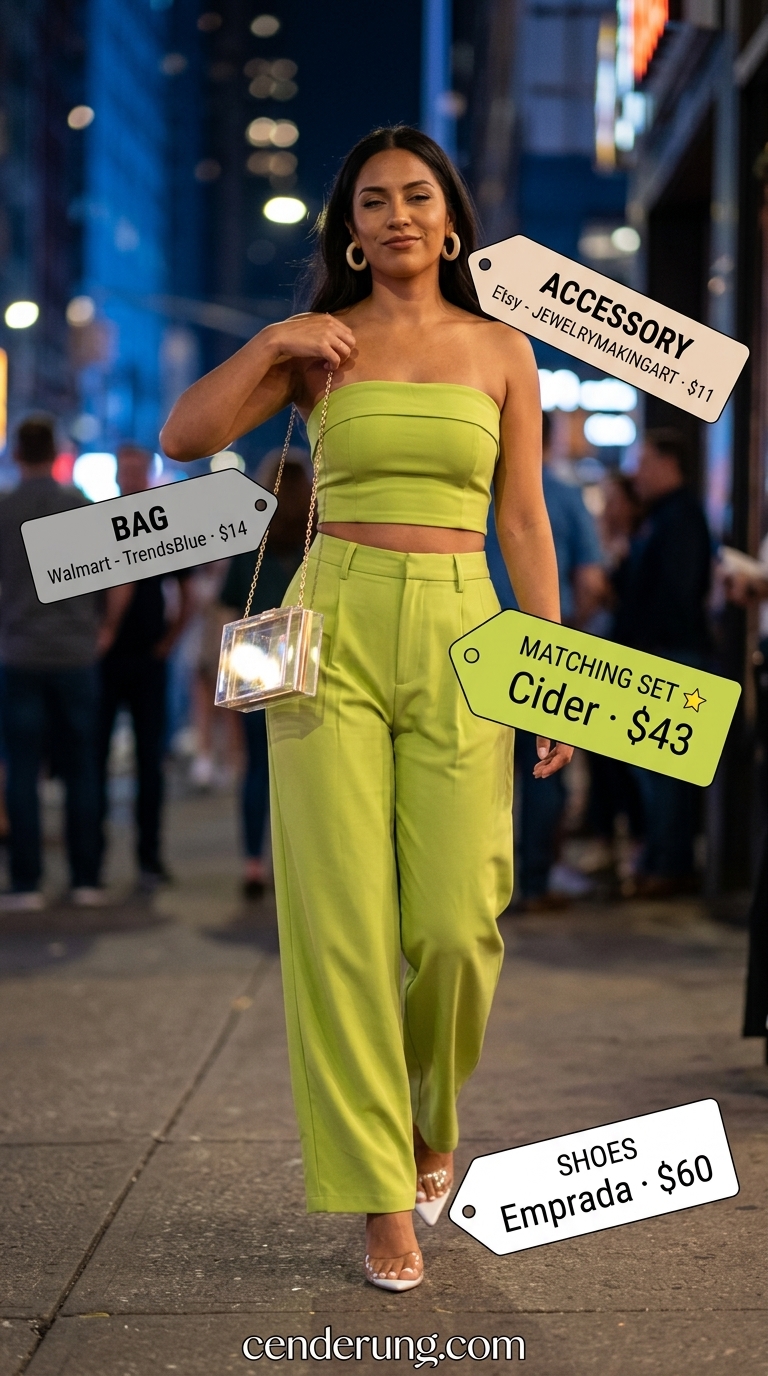 Miami night out summer outfits 2026: Lime green co-ord set, clear heels & acrylic bag.