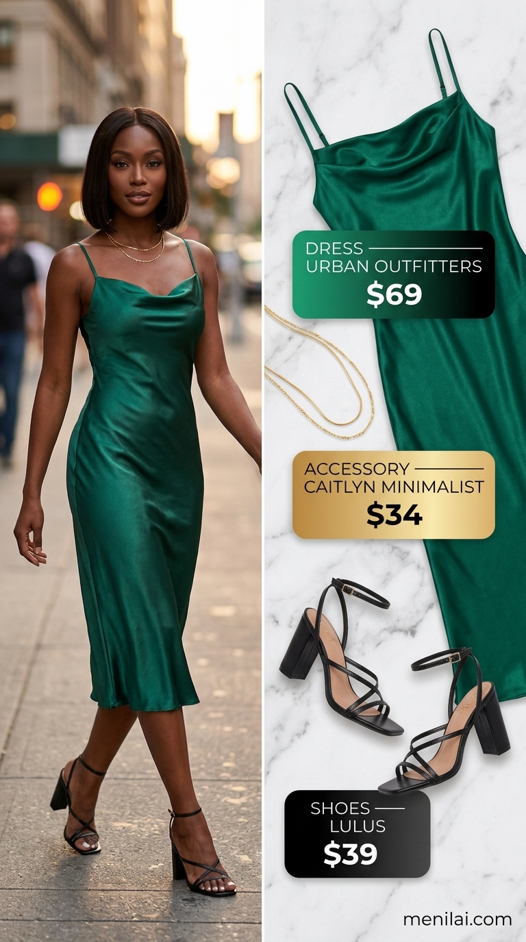 Miami night out summer outfits 2026: Emerald green satin slip dress with gold necklace for an upscale dinner.