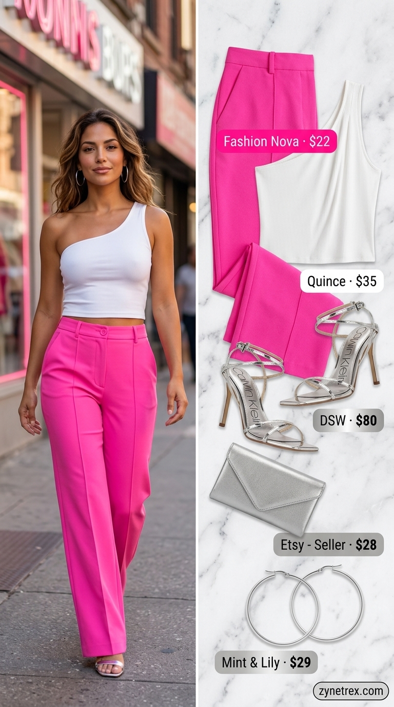 Miami night out summer outfits 2026: Neon pink wide-leg pants and one-shoulder top for a club night.