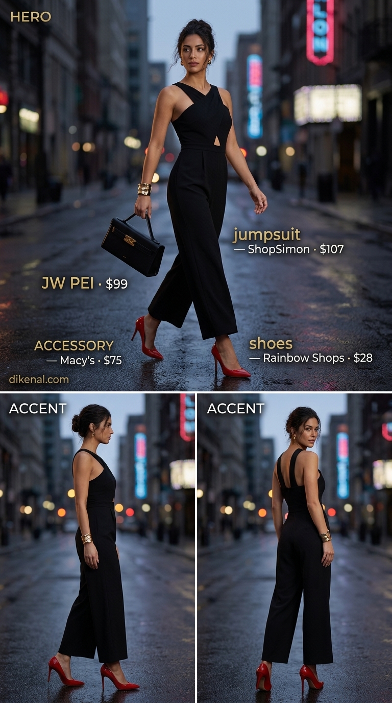 Miami night out summer outfits 2026: Sleek black wide-leg jumpsuit with gold accents for formal events.