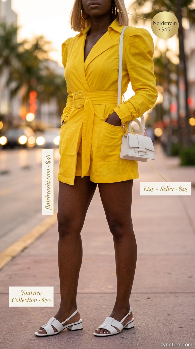 Miami night out summer outfits 2026: Sunny yellow romper with gold belt for outdoor dining.