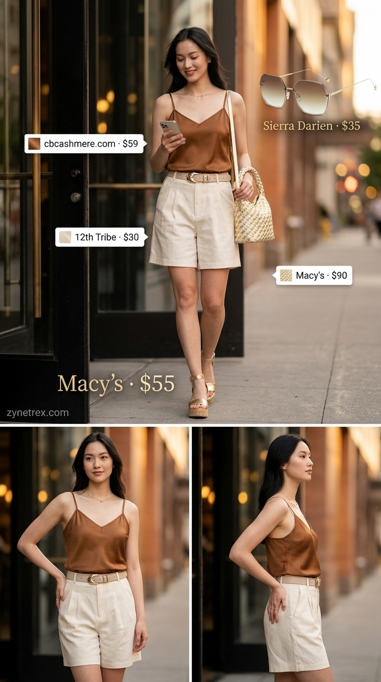 Miami night out summer outfits 2026: Relaxed glam with cream linen shorts, bronze cami, and metallic espadrilles.