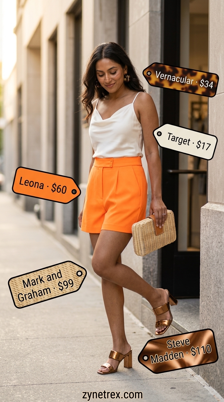 Miami night out summer outfits 2026: Tangerine shorts, ivory cami, straw clutch & tortoise earrings.