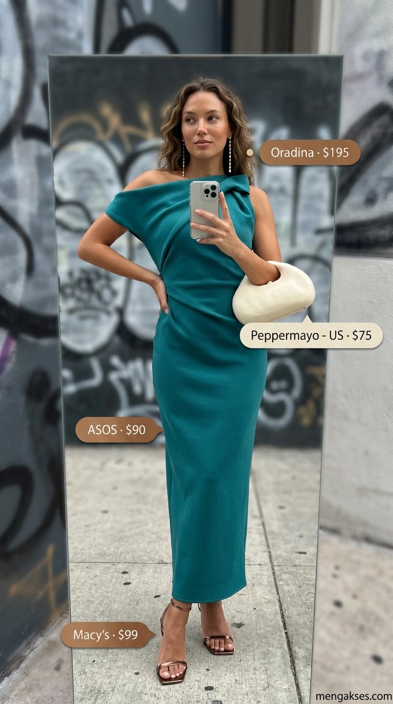 Miami night out summer outfits 2026: Artistic teal one-shoulder dress with bronze heels and a sculptural clutch.