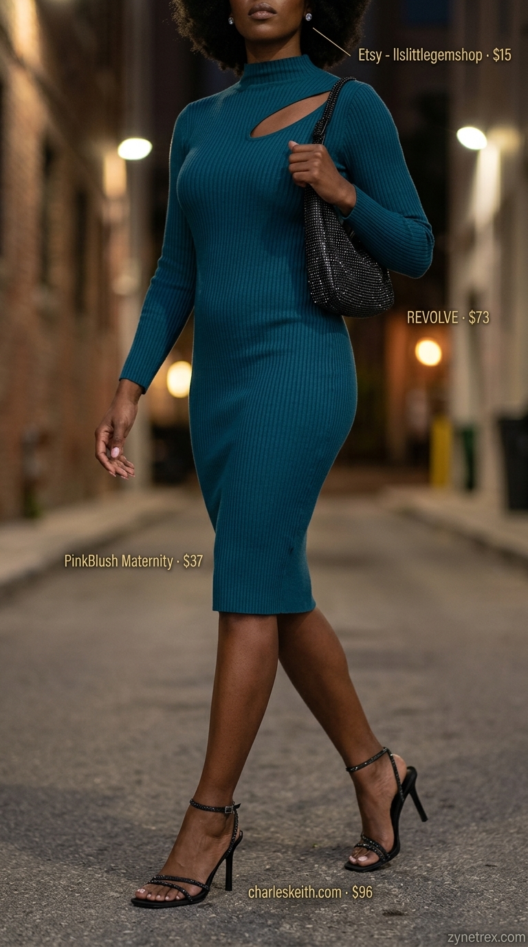 Miami night out summer outfits 2026: Glamorous deep teal bodycon dress with cutouts and crystal heels.