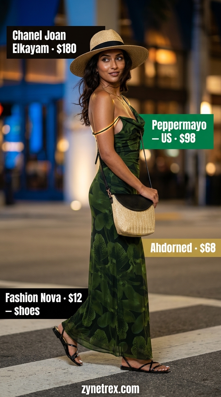 Miami night out summer outfits 2026: Tropical maxi dress, straw hat, black sandals & raffia bag.