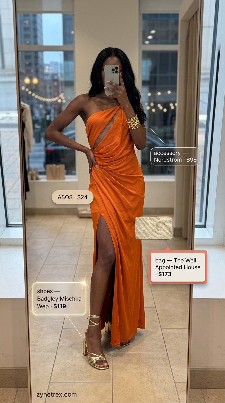 Miami night out summer outfits 2026: Sunset orange maxi dress with gold heels and straw clutch for a resort party.