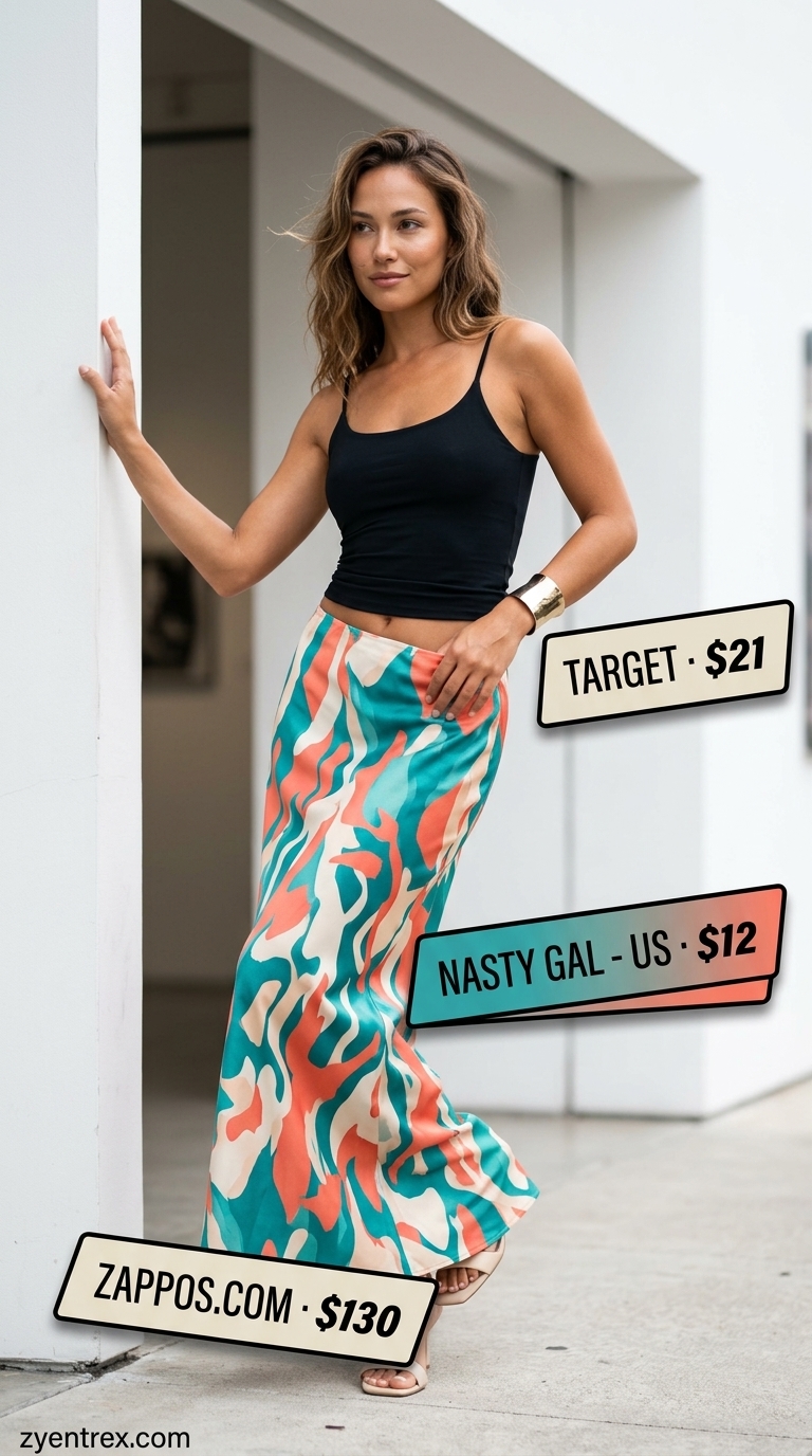 Edgy Pleated Maxi Skirt Outfits Summer 2026 Abstract art pleated maxi skirt outfit summer 2026 with black mock neck and sandals.