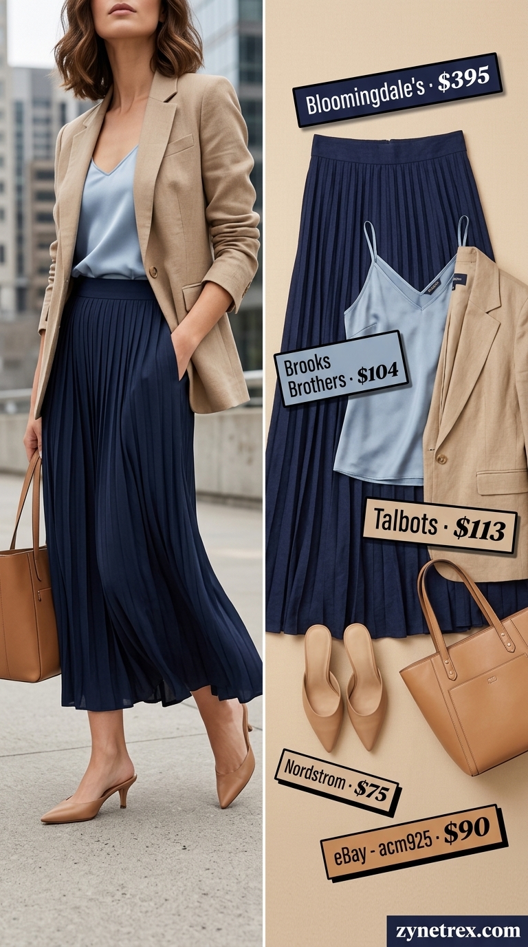 Pleated Maxi Skirt Outfits Summer 2026: Polished Office Look Navy pleated maxi skirt outfit for summer 2026, styled with a silk camisole and blazer for office wear.