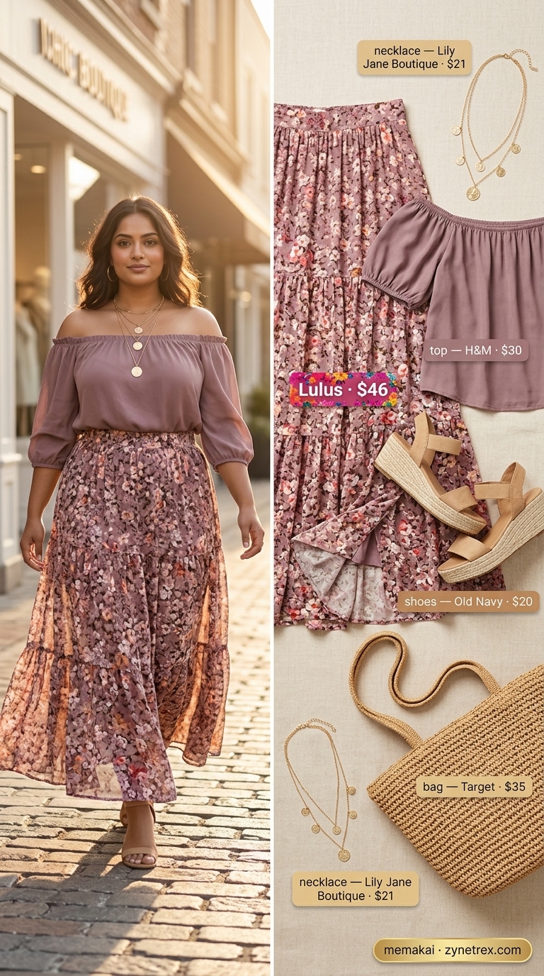 Boho Pleated Maxi Skirt Outfits Summer 2026 Boho beachside pleated maxi skirt outfit summer 2026 with white off-shoulder top and straw tote.
