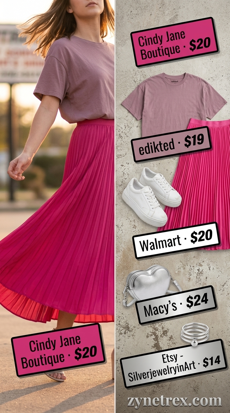 Brunch Pleated Maxi Skirt Outfits Summer 2026 Pleated maxi skirt outfits summer 2026: Fuchsia accordion skirt, white graphic tee, and platform sneakers for brunch.