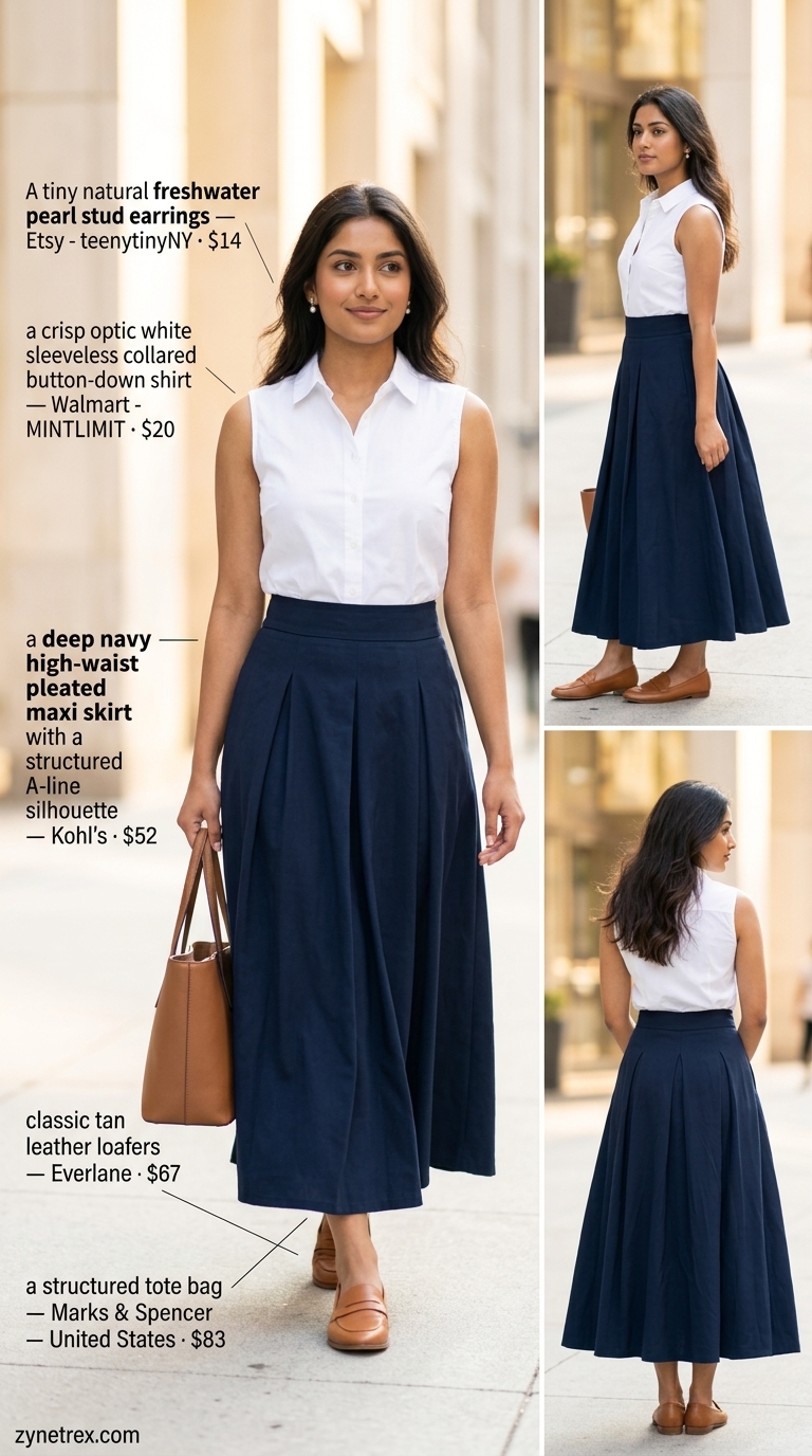 Professional Pleated Maxi Skirt Outfits Summer 2026 Business casual pleated maxi skirt outfit summer 2026 with navy shirt and loafers.