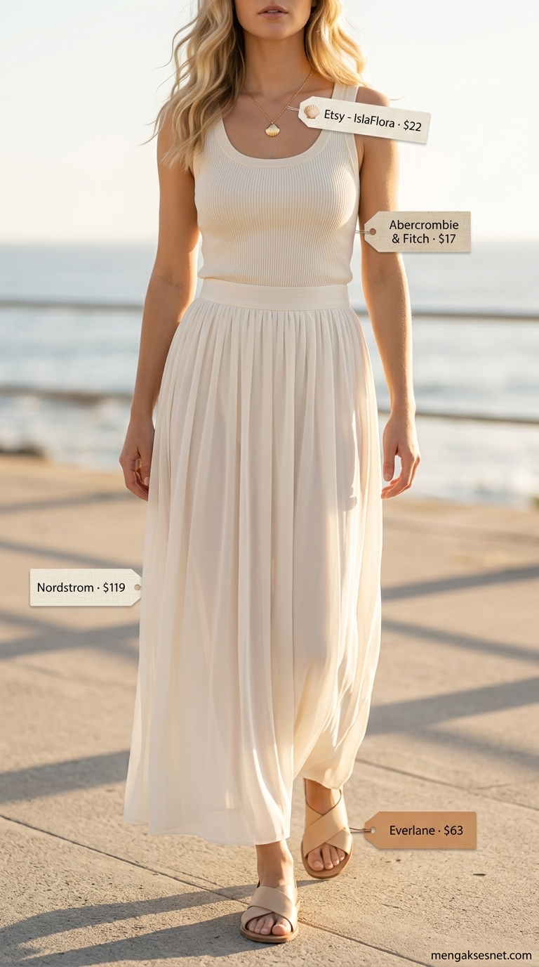 Coastal Brunch Pleated Maxi Skirt Outfits Summer 2026 Pleated maxi skirt outfits summer 2026: Ivory chiffon skirt, light blue tank, and leather slides for coastal brunch.