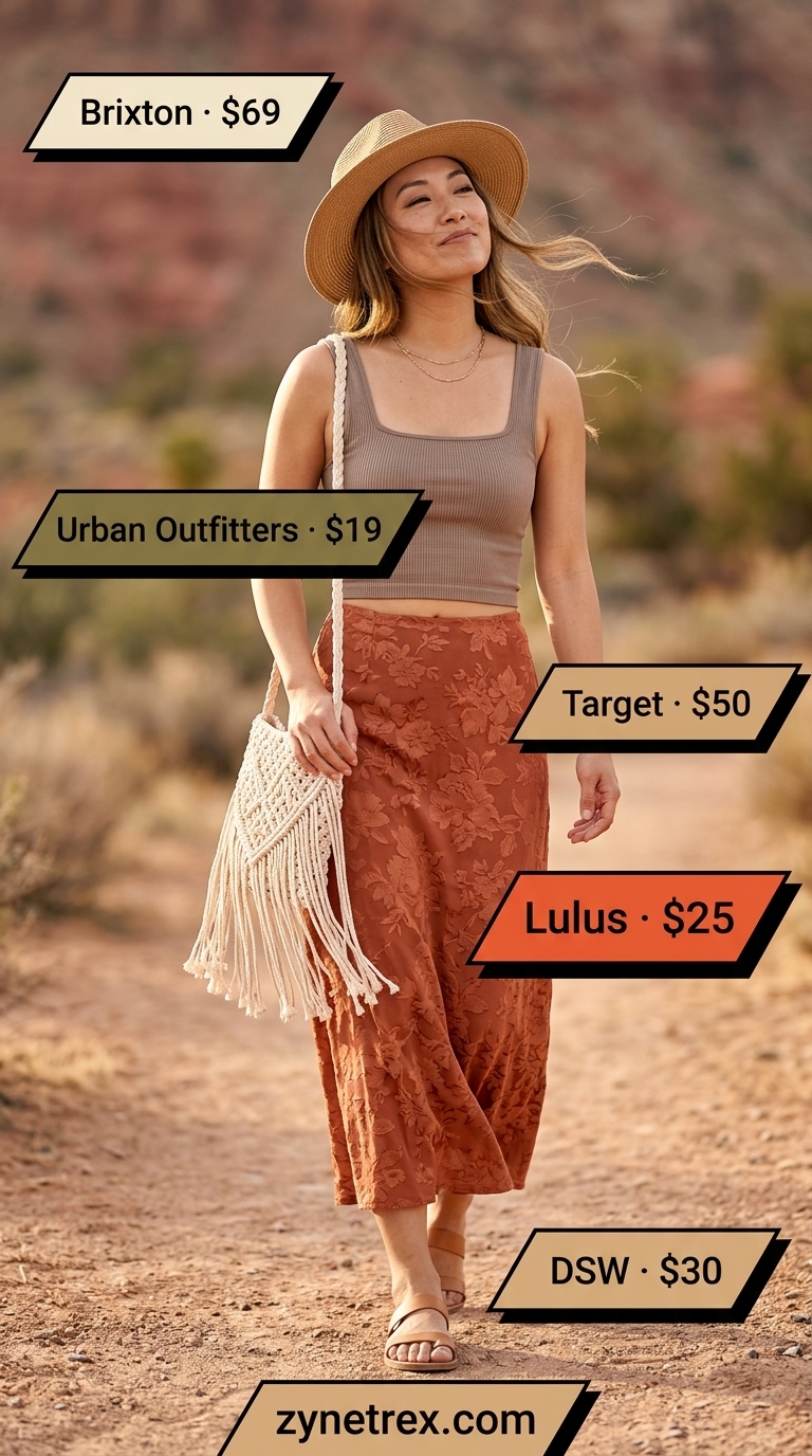 Desert Festival Pleated Maxi Skirt Outfits Summer 2026 Pleated maxi skirt outfits summer 2026: Terracotta print skirt, olive crop top, straw hat for desert festival style.